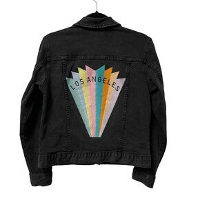 PACSUN JEAN JACKET EMBROIDERED RAINBOW LOS ANGELES GRAPHIC SIZE S BLACK DENIM